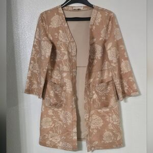 Anthropologie Solitaire Vegan Suede Floral Duster Jacket S Gold & Tan Pockets